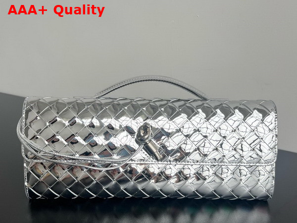 Bottega Veneta Long Clutch Andiamo with Handle Silver Metallic Intrecciato Leather Replica