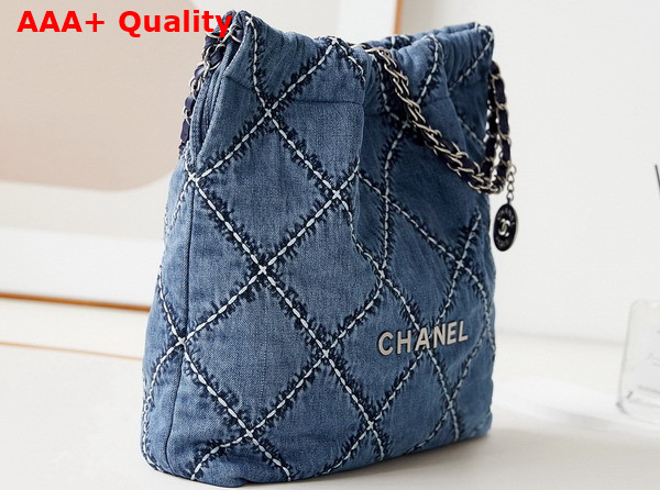 Chanel 22 Handbag Stitched Denim Silver Tone Metal Blue Ref AS3261 Replica