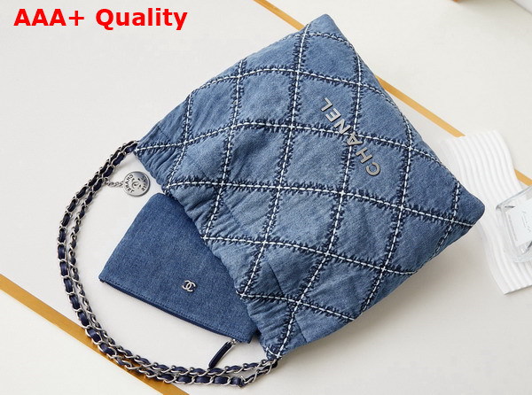 Chanel 22 Handbag Stitched Denim Silver Tone Metal Blue Ref AS3261 Replica