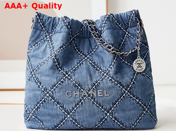 Chanel 22 Handbag Stitched Denim Silver Tone Metal Blue Ref AS3261 Replica