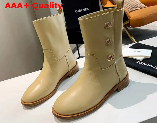 Chanel Ankle Boots in Beige Calfskin with CC Buckle on the Side Replica