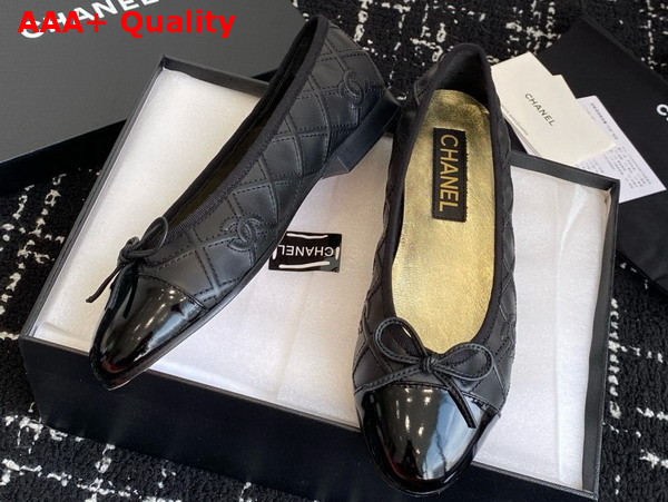 Chanel Ballet Flat in Black Embroidered Lambskin and Patent Calfskin Replica