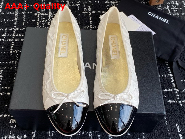 Chanel Ballet Flat in Embroidered Lambskin and Patent Calfskin White and Black Replica