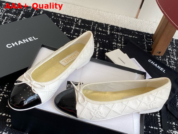 Chanel Ballet Flat in Embroidered Lambskin and Patent Calfskin White and Black Replica