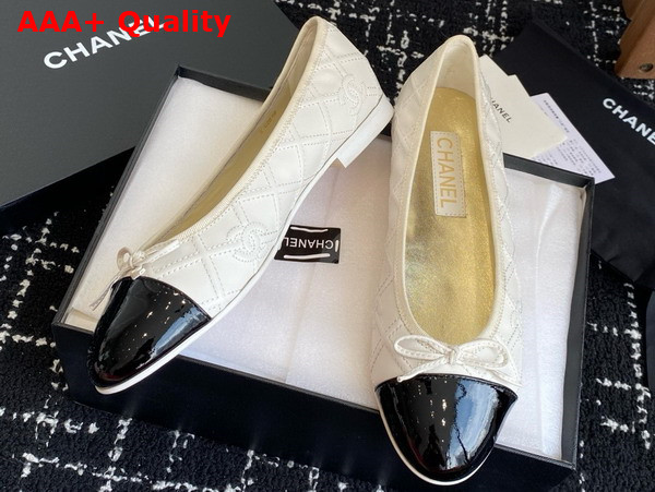 Chanel Ballet Flat in Embroidered Lambskin and Patent Calfskin White and Black Replica