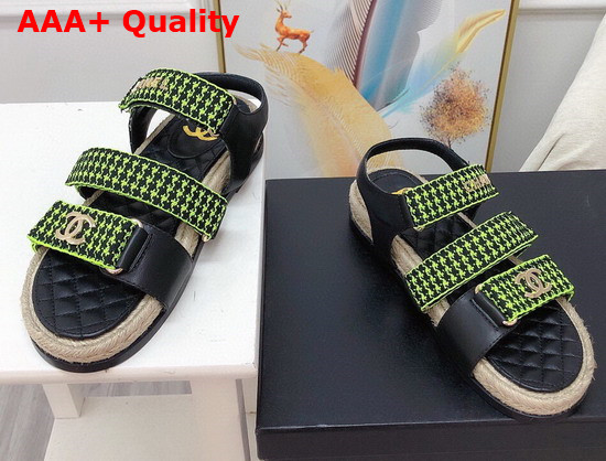 Chanel Beach Sandal Black Calfskin and Green Houndstooth Jacquard Canvas Replica