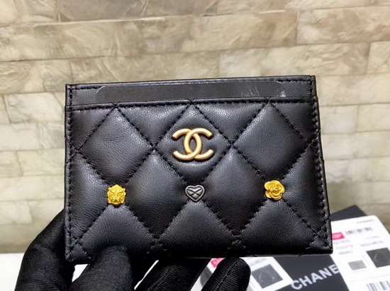 Chanel Card Holder in Black Lambskin with Charms
