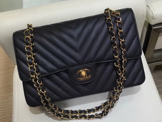 Chanel Caviar Leather Chevron Flap Bag in Black with Gold Hardware