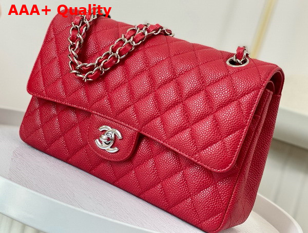 Chanel Classic Flap Bag in Red Grained Calfskin Silver Tone Metal Replica