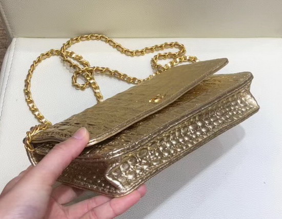 Chanel Classic Wallet On Chain Gold Metallic Crocodile Embossed Calfskin and Gold Tone Metal A33814