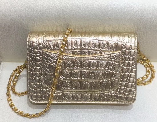 Chanel Classic Wallet On Chain Gold Metallic Crocodile Embossed Calfskin and Gold Tone Metal A33814