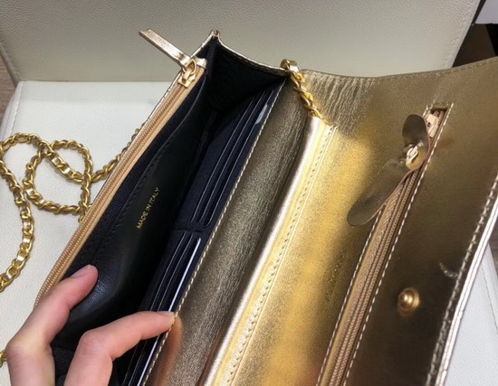 Chanel Classic Wallet On Chain Gold Metallic Crocodile Embossed Calfskin and Gold Tone Metal A33814