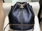 Chanel Drawstring Bag in Black Lambskin and Grained Calfskin AS0373