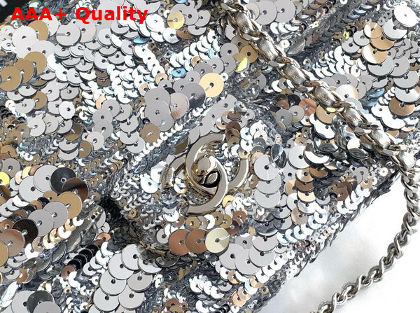 Chanel Flap Bag Silver Sequins and Silver Tone Metal AS4561 Replica