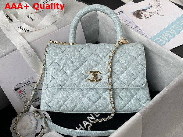 Chanel Flap Bag with Top Handle Light Blue Grained Calfskin Gold Tone Metal A92990 Replica