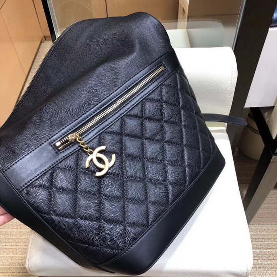 Chanel Hobo Handbag Black Grained Calfskin