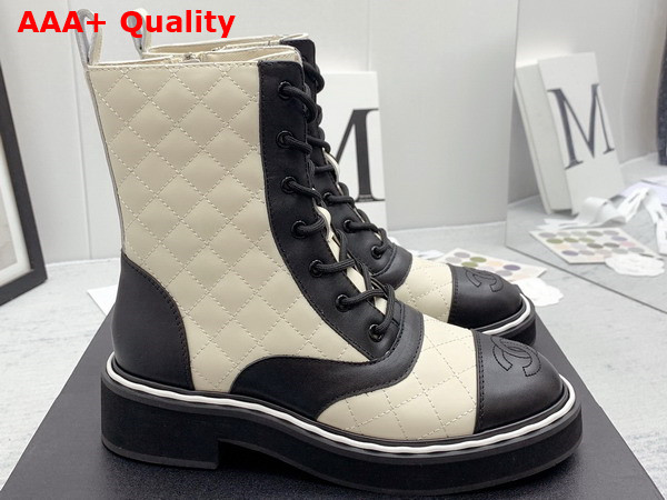Chanel Lace Up Boots White and Black Quilted Calfskin Replica