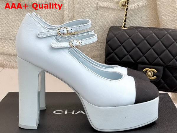 Chanel Mary Janes Lambskin and Grosgrain Light Blue and Black G46433 Replica