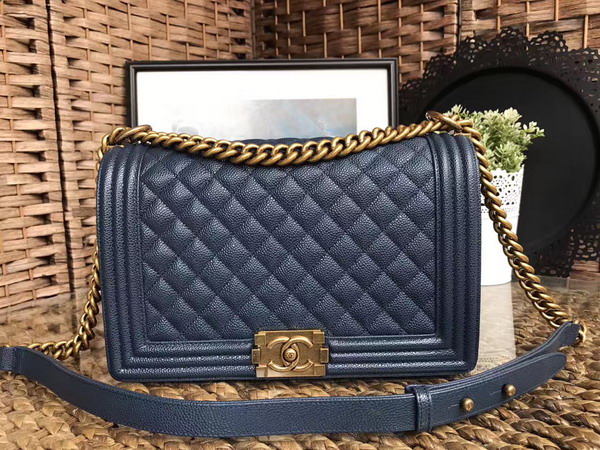 Chanel Medium Le Boy Dark Blue Caviar Leather Gold Hardware For Sale