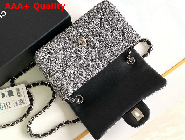 Chanel Mini Classic Handbag Tweed Silver Tone Metal Black and White Ref A69900 Replica