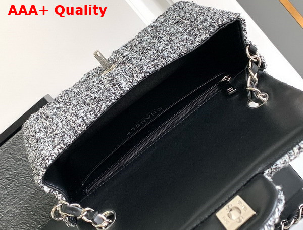 Chanel Mini Classic Handbag Tweed Silver Tone Metal Black and White Ref A69900 Replica