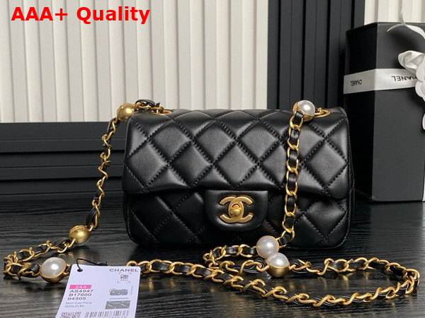 Chanel Mini Flap Bag Black Shiny Lambskin Imitation Pearls Gold Tone Metal AS4947 Replica