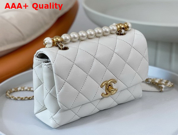 Chanel Mini Flap Bag with Top Handle White Shiny Lambskin Imitation Pearls Gold Tone Metal AS5001 Replica