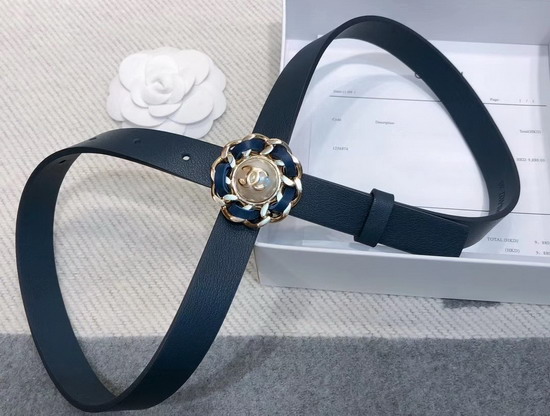 Chanel Narrow Belt in Blue Calfskin with Chain Flower Buckle
