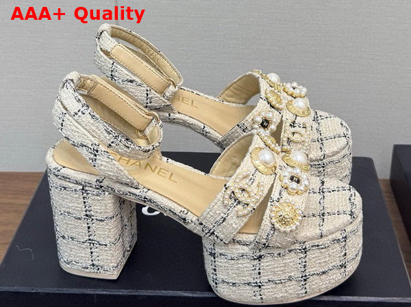 Chanel Platform Sandals Tweed and Metal Beige and Black G46423 Replica