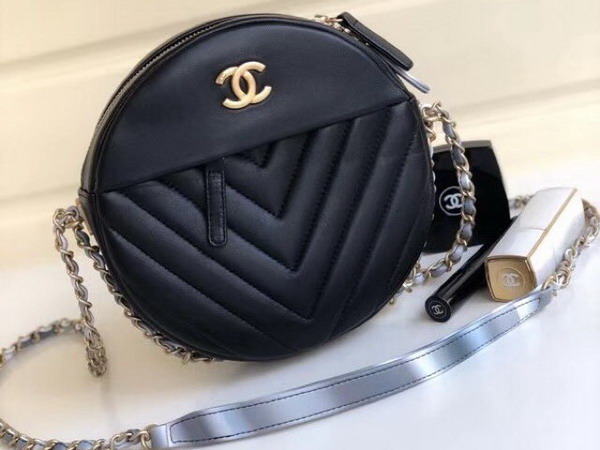 Chanel Round Shoulder Bag Chevron Lambskin Black