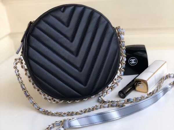 Chanel Round Shoulder Bag Chevron Lambskin Black