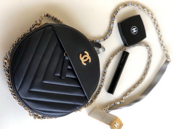 Chanel Round Shoulder Bag Chevron Lambskin Black