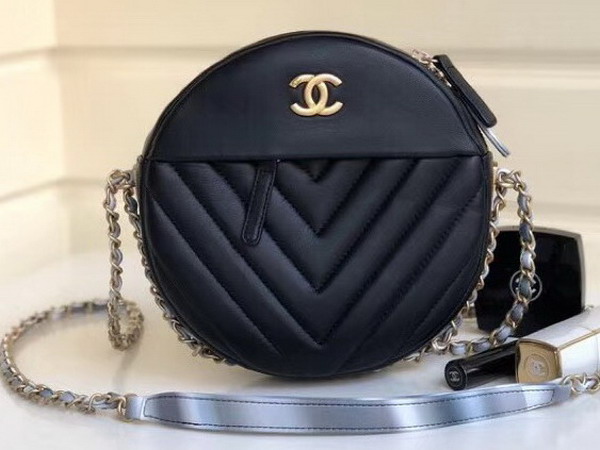Chanel Round Shoulder Bag Chevron Lambskin Black