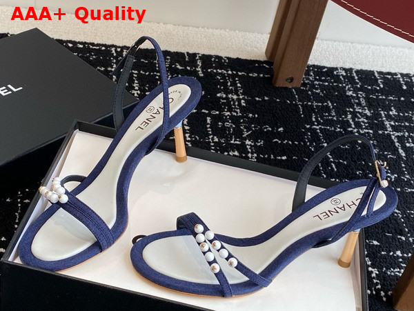Chanel Sandal in Blue Canvas and Pearls Replica
