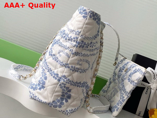 Chanel Shopping Bag Printed Denim Gold Tone Metal White and Blue AS5429 Replica