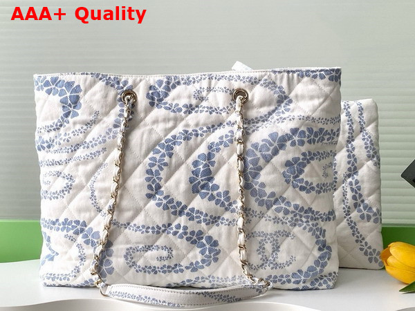 Chanel Shopping Bag Printed Denim Gold Tone Metal White and Blue AS5429 Replica