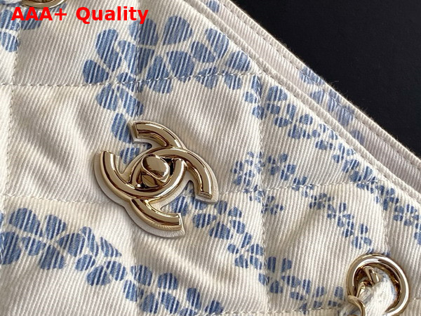 Chanel Shopping Bag Printed Denim Gold Tone Metal White and Blue AS5429 Replica