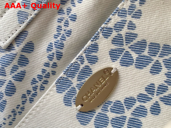 Chanel Shopping Bag Printed Denim Gold Tone Metal White and Blue AS5429 Replica