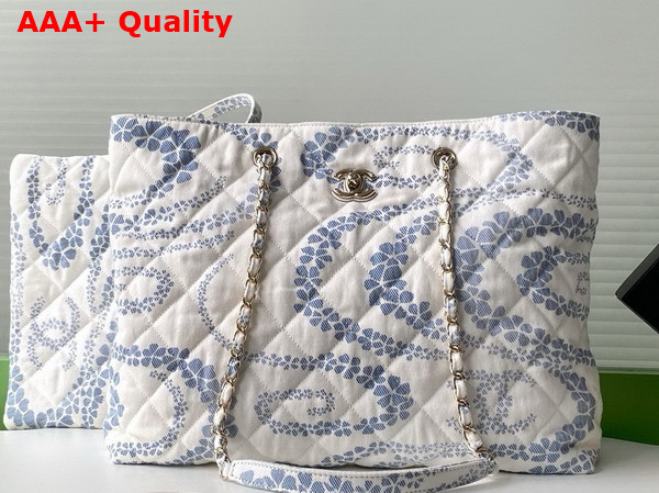 Chanel Shopping Bag Printed Denim Gold Tone Metal White and Blue AS5429 Replica