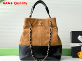 Chanel Shopping Bag Suede Calfskin Shiny Lambskin Gold Tone Metal Beige and Black AS5636 Replica