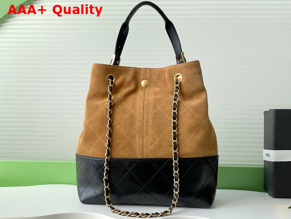 Chanel Shopping Bag Suede Calfskin Shiny Lambskin Gold Tone Metal Beige and Black AS5636 Replica