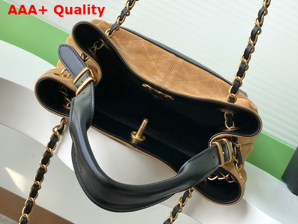 Chanel Shopping Bag Suede Calfskin Shiny Lambskin Gold Tone Metal Beige and Black AS5636 Replica