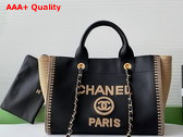 Chanel Shopping Bag in Black Calfskin and Beige Raffia Replica
