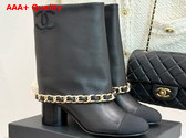 Chanel Short Boots in Black Lambskin with Chain Trim Replica