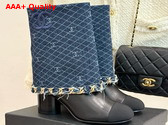 Chanel Short Boots in Blue Denim and Lambskin with Chain Trim Replica