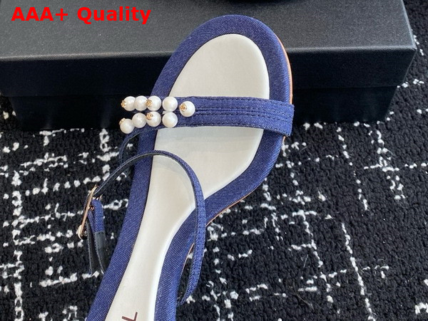 Chanel Slide Sandal in Blue Canvas and Pearls Replica