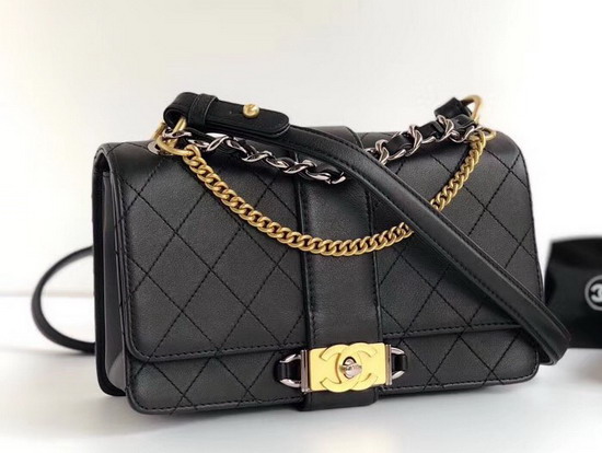 Chanel Small Flap Bag in Black Calfskin Ruthenium Finish and Gold Tone Metal