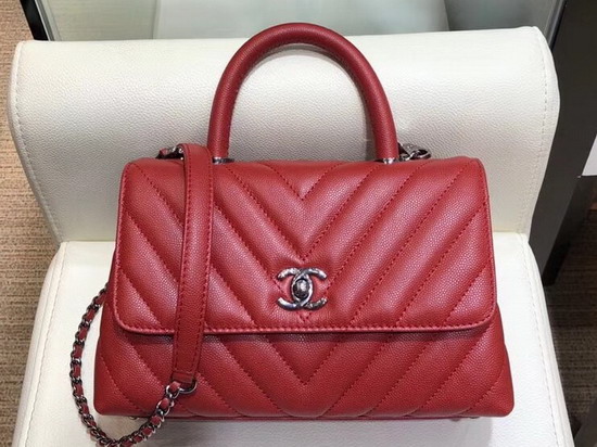 Chanel Small Flap Bag with Top Handle Red Chevron Grained Calfskin