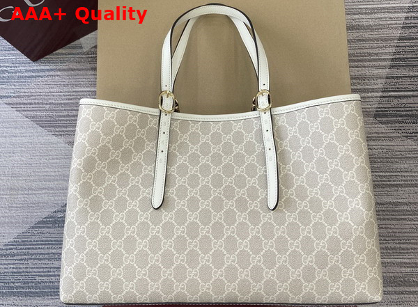 Gucci GG Emblem Medium Tote Bag in Beige and White New GG Monogram Coated Fabric 815213 Replica