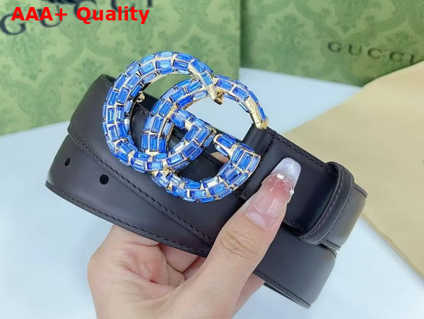 Gucci GG Marmont Thin Belt with Crystals in Chocolate Leather 772651 Replica